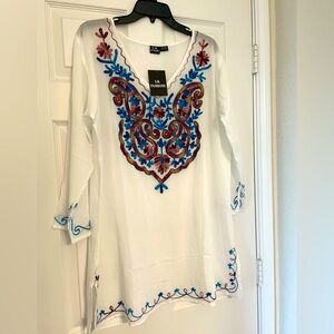NEW WITH TAGS - Beautifully Embroidered Bali Inspired Sheer Tunic - Size XL-XXL